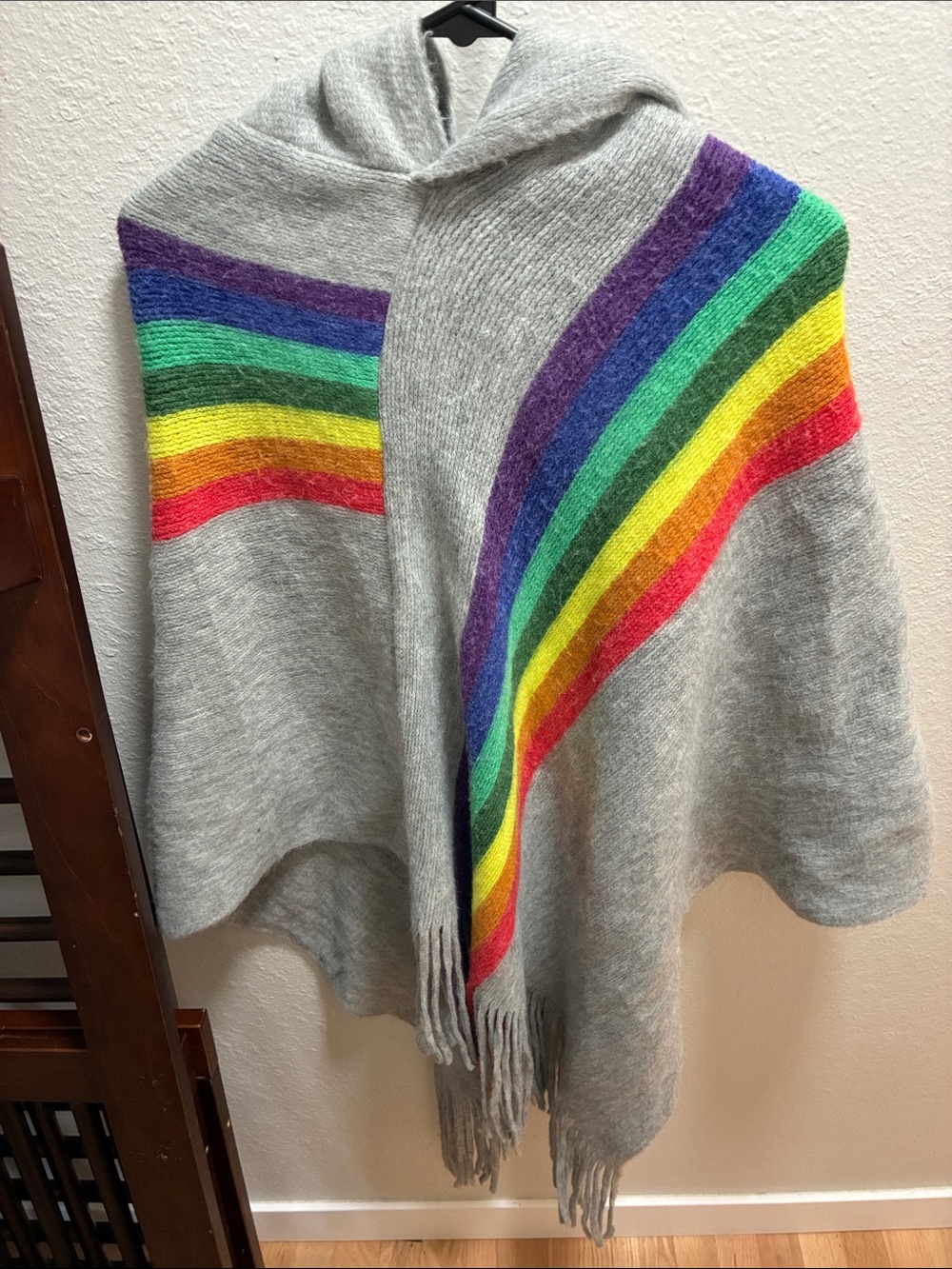 Gray Hooded Poncho with Rainbow Stripe Detail